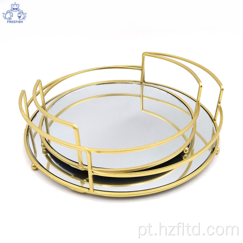 Bandeja de joias de mesa espelhada redonda de metal